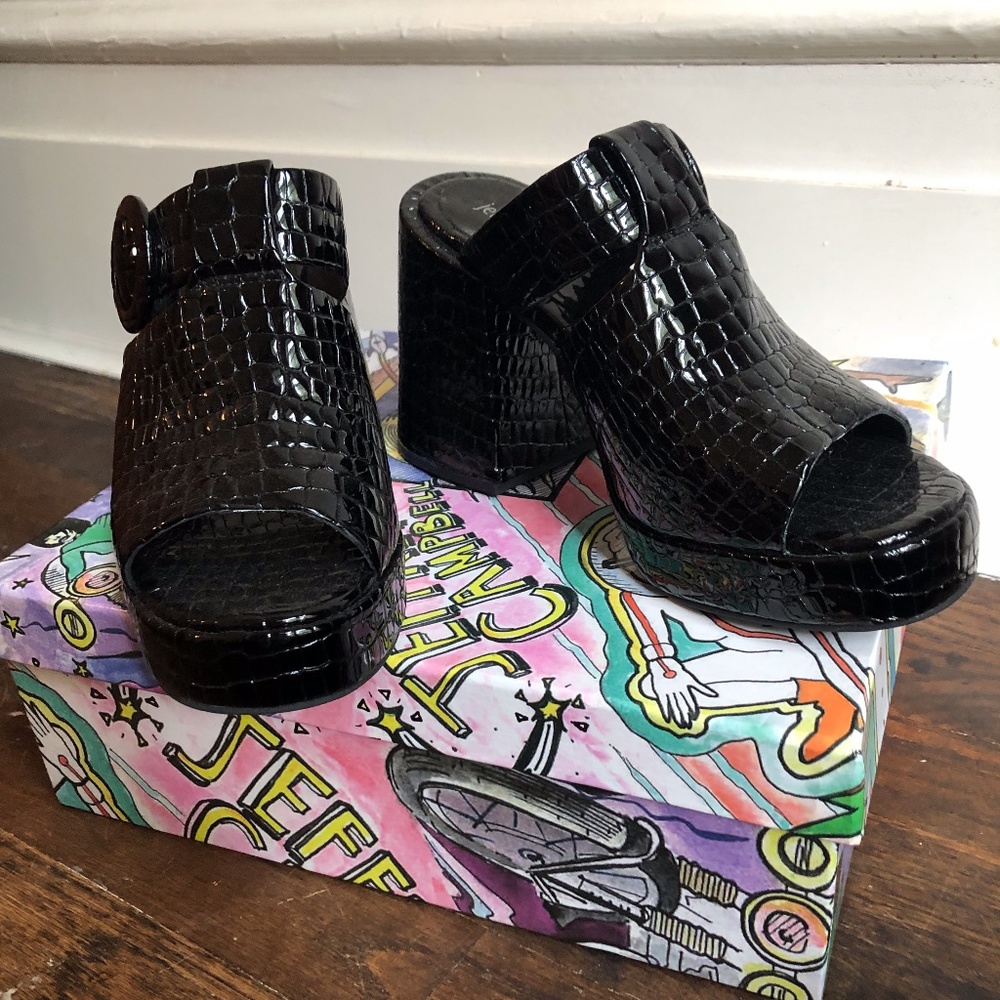 Hymns Black Leather Croco Platform Mule